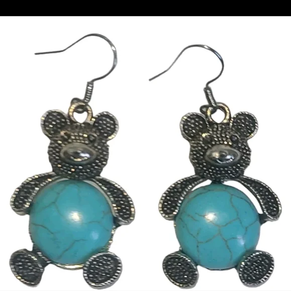 Turquoise & Silver Tone Teddy Bear Dangle Earrings - Picture 3 of 5